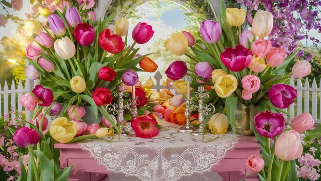 Un gran ramo de flores de tulipán en la mesa rosada