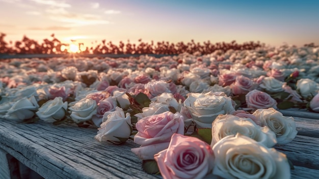 Un gran ramo de rosas se sienta en una mesa al atardecer.