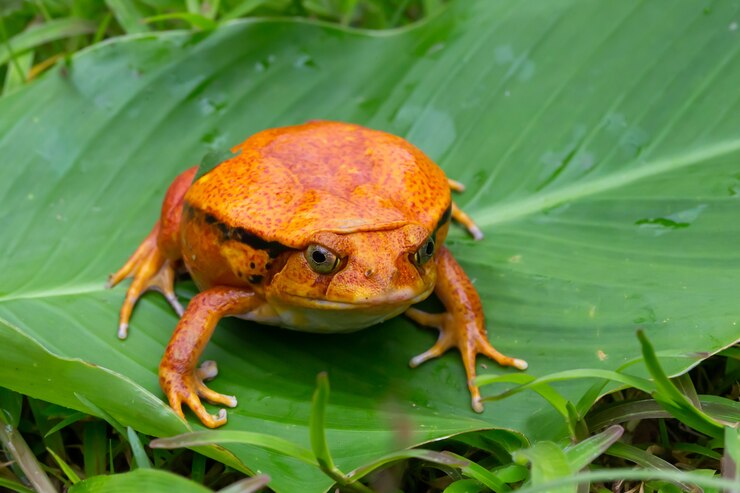 Foto gran rana naranja sobre una hoja