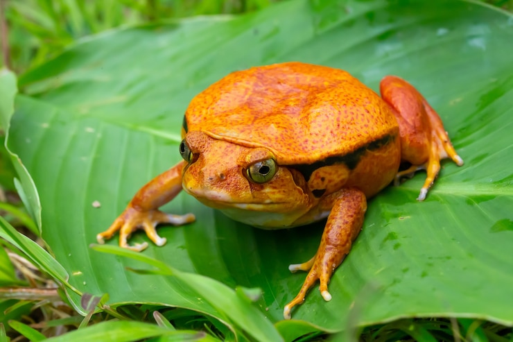 Foto gran rana naranja sobre una hoja