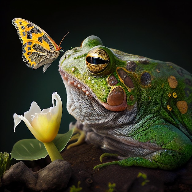 Gran rana sapo verde y una hermosa mariposa en la nariz, ilustración divertida con animales, rana come