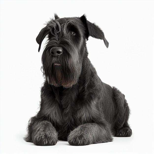 Gran raza de perro negro Schnauzer gigante aislado en primer plano blanco. mascota encantadora