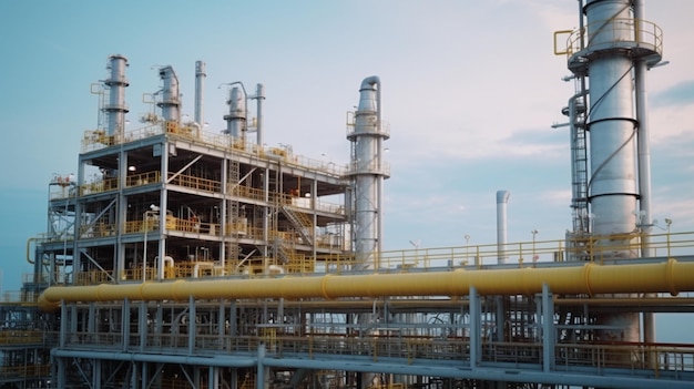 Una gran refinería de petróleo con un cielo azul de fondo.