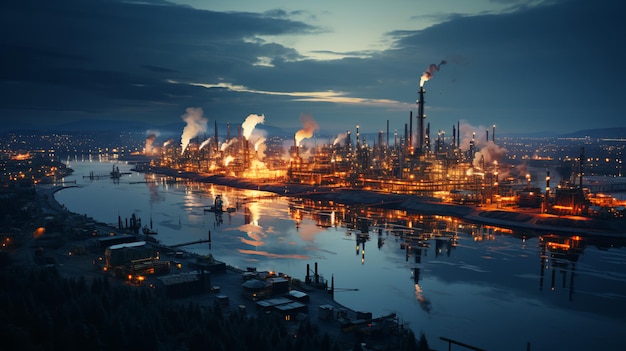 Gran refinería de petróleo planta química industrial vista desde arriba por la noche