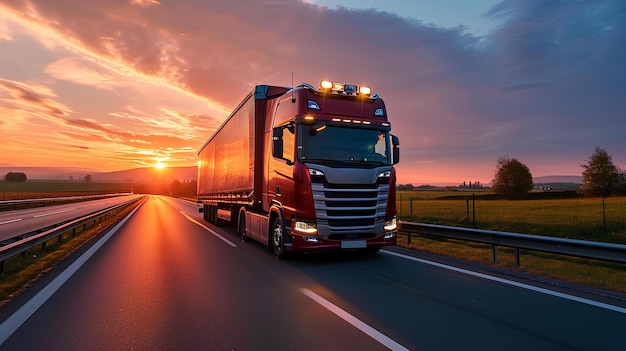 Un gran remolque de tractor conduciendo por una autopista al atardecer