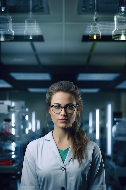 Gran retrato de una joven médica en un laboratorio