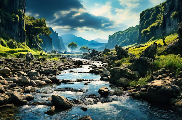 Un gran río con grandes rocas y cascadas.