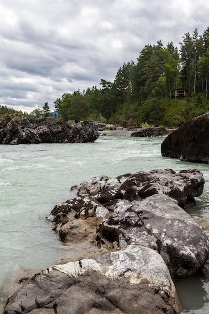 Un gran río de montaña ancho y caudaloso que fluye rápido. Grandes rocas sobresalen del agua.