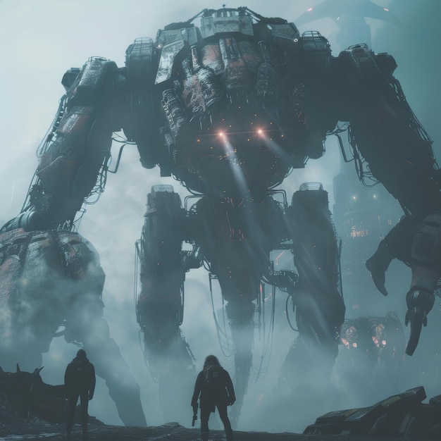 un gran robot con personas de pie en la niebla