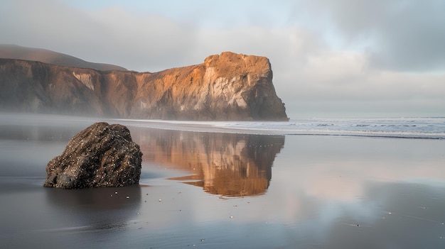 Una gran roca en el agua que es reflejo de unos acantilados.