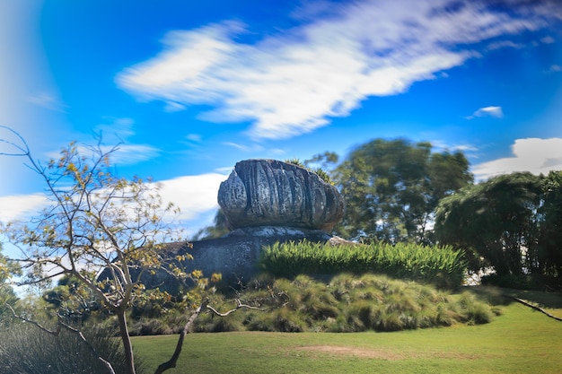 Una gran roca en un área de césped con árboles y un cielo azul