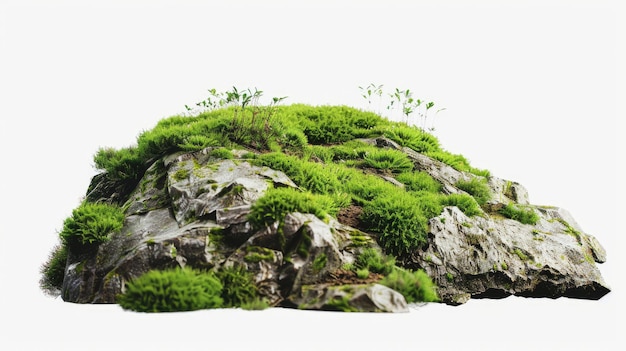 Una gran roca cubierta de plantas verdes en una superficie blanca adecuada para conceptos de naturaleza y medio ambiente