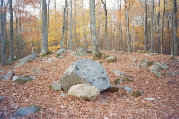 Una gran roca se encuentra en un bosque con árboles y hojas en el suelo.