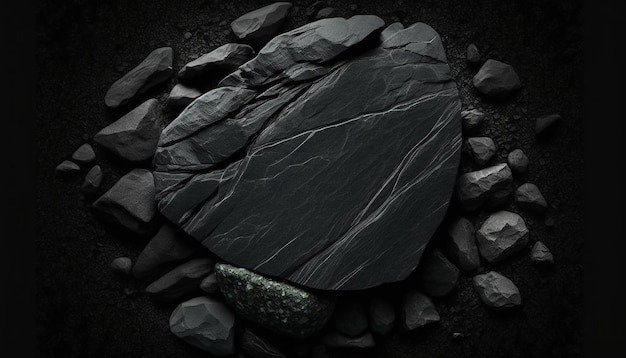 Una gran roca negra lisa con líneas blancas rodeada de rocas más pequeñas sobre un fondo negro textura de piedra negra