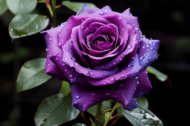 Una gran rosa violeta con gotas de agua