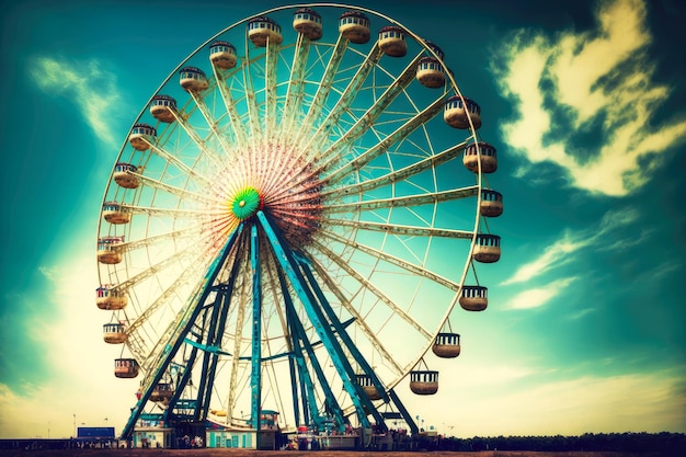 Gran rueda de la fortuna en el parque de atracciones el día de verano creada con ai generativo