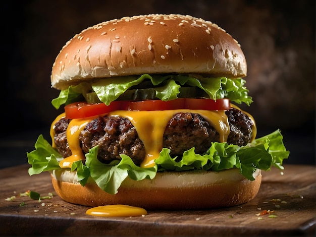 Gran y sabrosa hamburguesa con lechuga fresca y tomate sobre un fondo oscuro