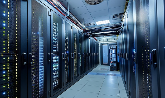 una gran sala de almacenamiento con una gran cantidad de datos y un gran número de máquinas