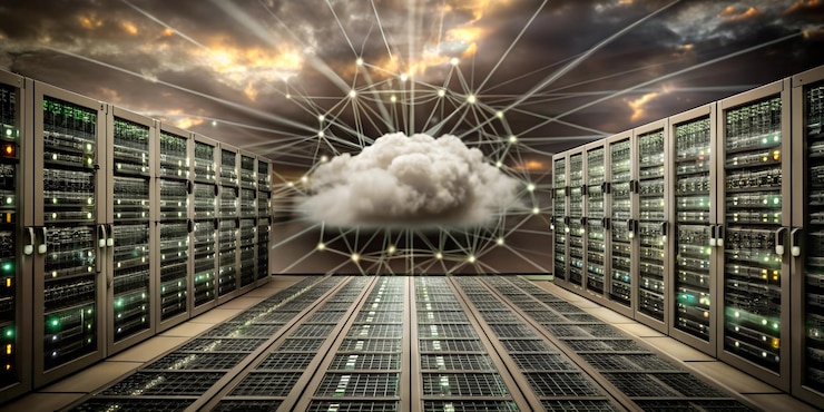 Foto una gran sala de almacenamiento con pilas de pilas de cajas automáticas y una nube en el cielo
