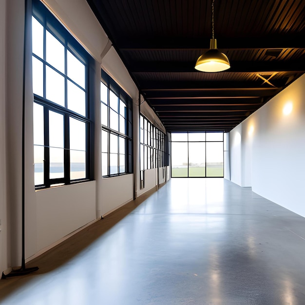 Una gran sala blanca con ventanas y una luz que cuelga del techo.