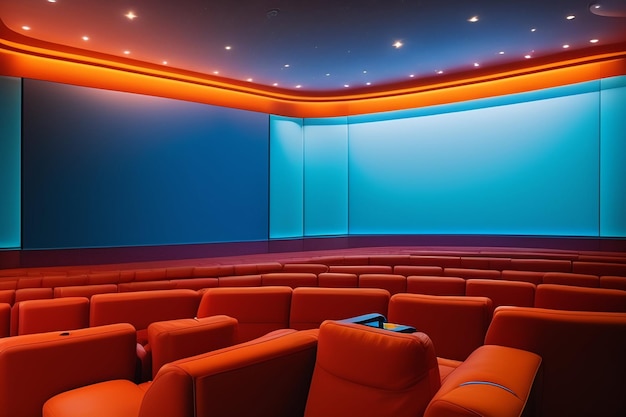 Una gran sala de cine con un sofá rojo y una pantalla que dice cine en casa