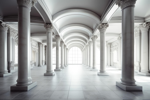 Una gran sala con columnas y una gran ventana.