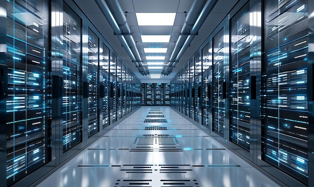 una gran sala de computadoras con muchas filas de monitores de computadoras