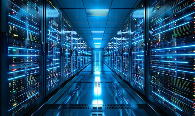 una gran sala de computadoras con muchas máquinas expendedoras en ella
