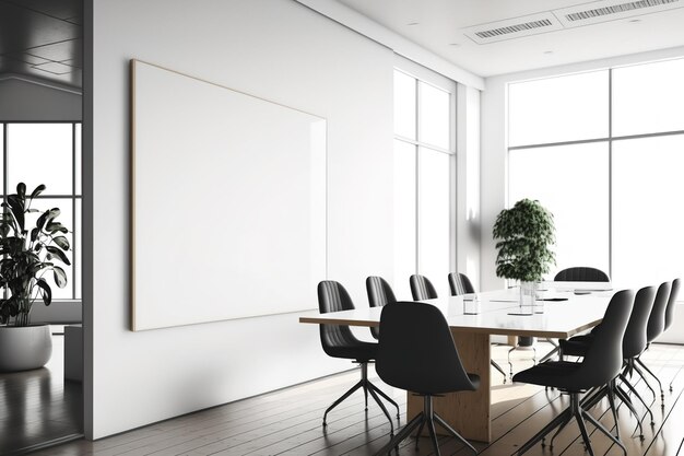 Una gran sala de conferencias con un cartel en blanco y una pared blanca detrás del tema de discusión de la mesa filtrado y tonificado