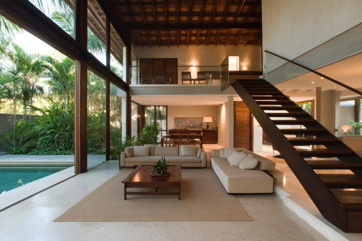 Una gran sala de estar abierta con una piscina y una escalera