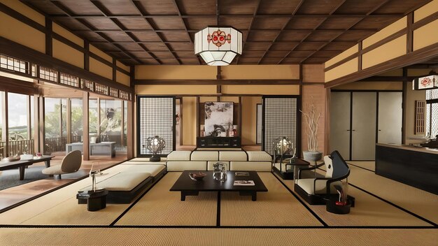 Gran sala de estar de estilo japonés en una habitación de lujo decoración de estilo japandi renderización 3D