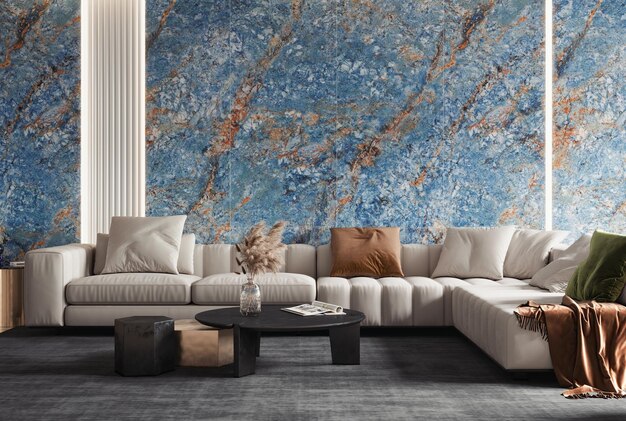 una gran sala de estar con un gran sofá azul y marrón y una gran pintura en la pared