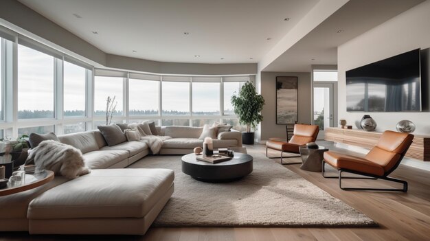 Una gran sala de estar con un gran sofá y un gran ventanal con vista a la ciudad.