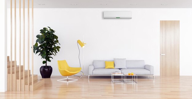 Gran sala de estar de interiores modernos y luminosos de lujo con ilustración de aire acondicionado Representación 3D