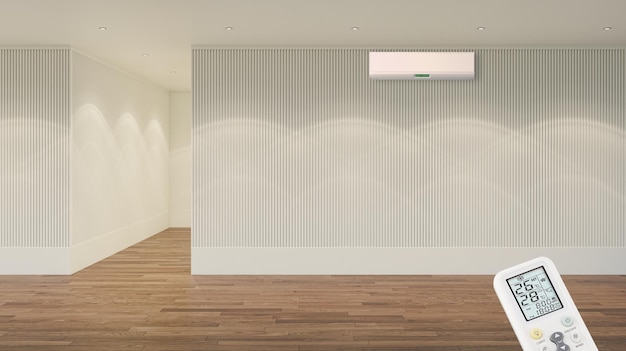 Gran sala de estar de interiores modernos y luminosos de lujo con ilustración de maqueta de aire acondicionado representación 3D