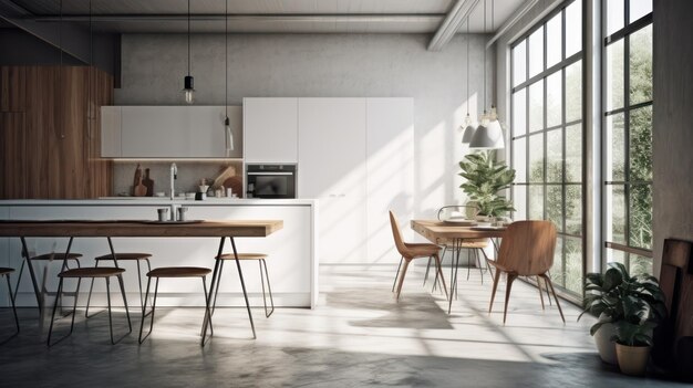 Gran sala de estar luminosa con elementos de mármol en la cocina, una gran cantidad de sillas, ventanas grandes y vistas.