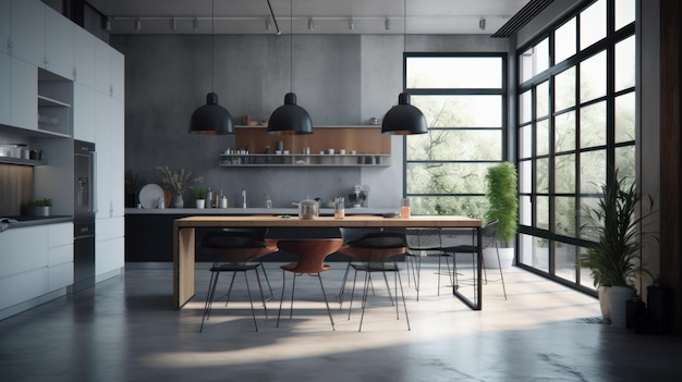 Gran sala de estar luminosa con elementos de mármol en la cocina, una gran cantidad de sillas, ventanas grandes y vistas.