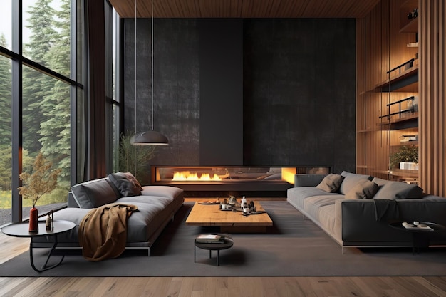 Foto gran sala de estar moderna con techos altos y un esquema de colores oscuros
