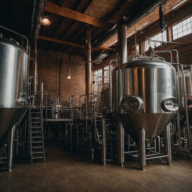 Foto una gran sala industrial con varios barriles metálicos grandes