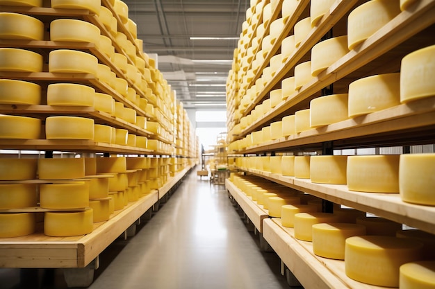 Una gran sala de producción llena de muchas estanterías y estantes con diferentes tipos de queso. El queso madura en una sala especial de la fábrica. Producción y almacenamiento de queso.