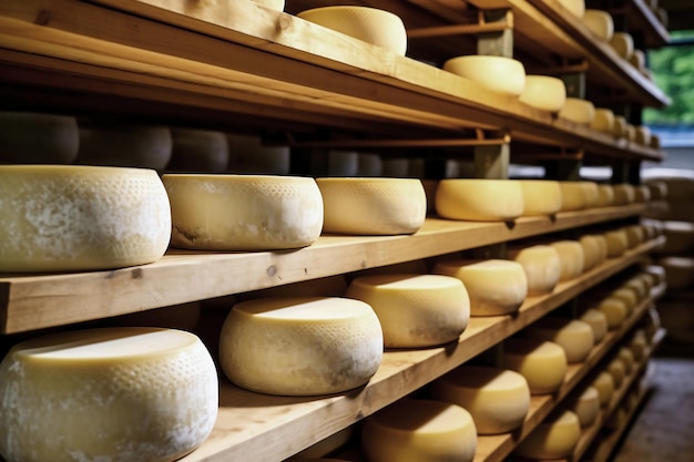 Una gran sala de producción llena de muchas estanterías y estantes con diferentes tipos de queso. El queso madura en una sala especial de la fábrica. Producción y almacenamiento de queso.