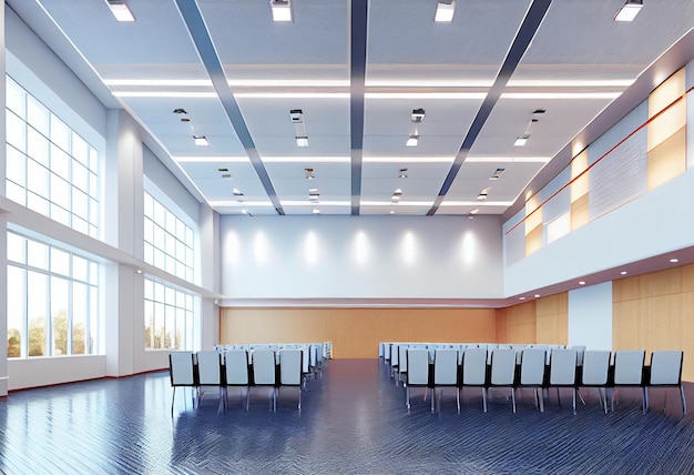 Gran sala de reuniones luminosa con ventanas panorámicas generada por IA