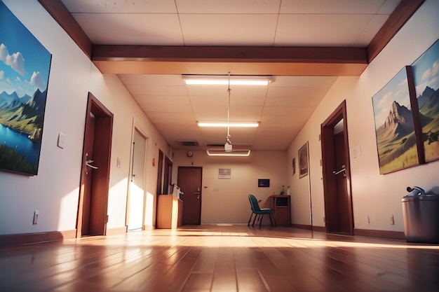 Una gran sala vacía con piso de madera y una silla azul en el medio.