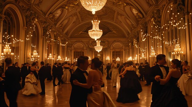 Un gran salón de baile con un interior dorado Hombres y mujeres están bailando en parejas con elegantes vestidos y trajes de noche