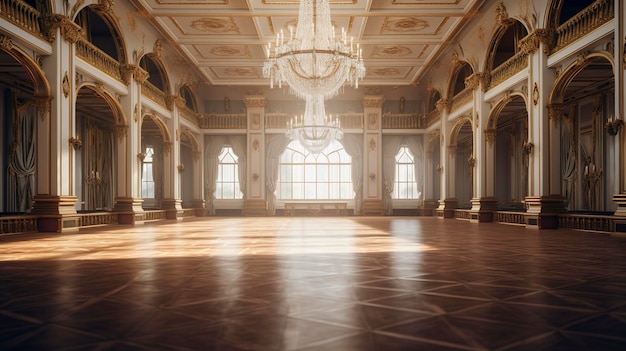 un gran salón con un candelabro colgando del techo