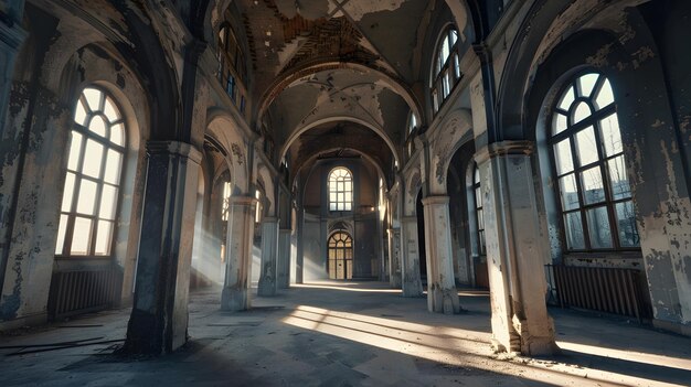 Foto gran salón de un edificio abandonado en estilo gótico ia generativa