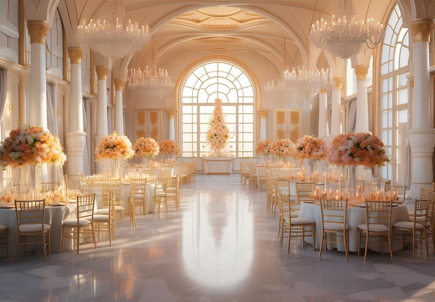 Un gran salón de recepción con grandes mesas y candelabros de plata