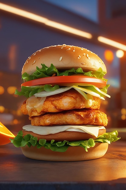 gran sándwich de hamburguesa de pollo jugoso sobre un fondo naranja concepto de comida rápida de alta realidad