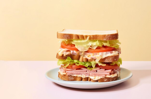 gran sándwich con lechuga de carne y tomates sobre un fondo blanco