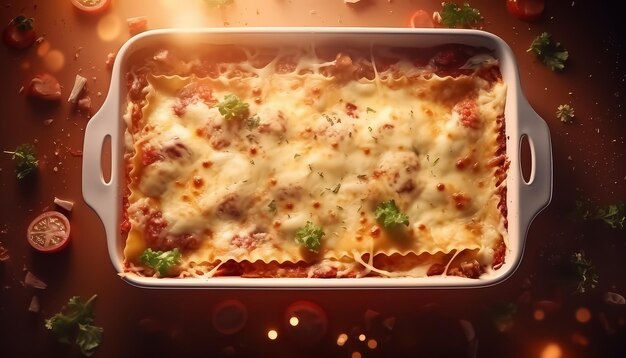 Una gran sartén de lasagna con albahaca y tomates en la parte superior
